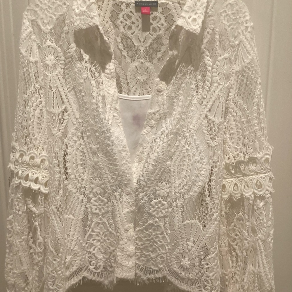 Women’s White Lace Crochet Button-Front Top